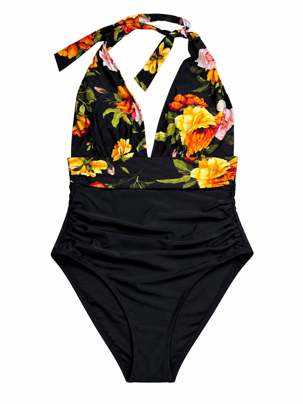 Cupshe Black One-Piece Halter Swimsuit with Yellow & Orange Floral Print